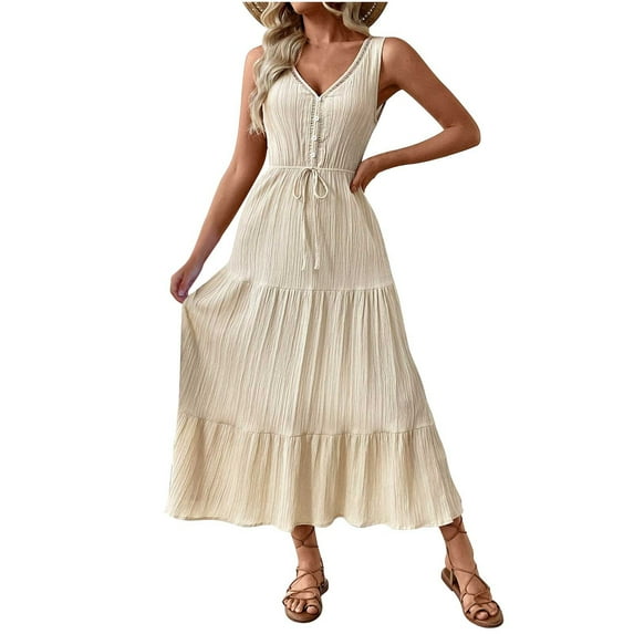 Htigea Summer Long Dress for Women Sleeveless V-Neck Sundress Drawstring Elastic Flowy Boho Beach Dresses Beige,M