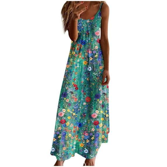 Htigea Summer Maxi Dress for Women Tropical Print Sleeveless Spaghetti Strap V-Neck Sundress Casual Loose fit Beach Long Dresses 04#Multicolor,XL