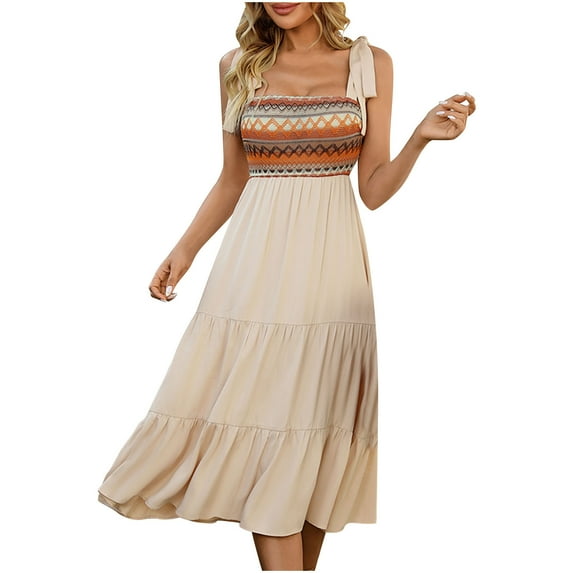 Htigea Summer Midi Dress for Women Casual Boho Sleeveless Tie Shoulder Beach Sundress Tiered Ruffle Dresses Beige,L