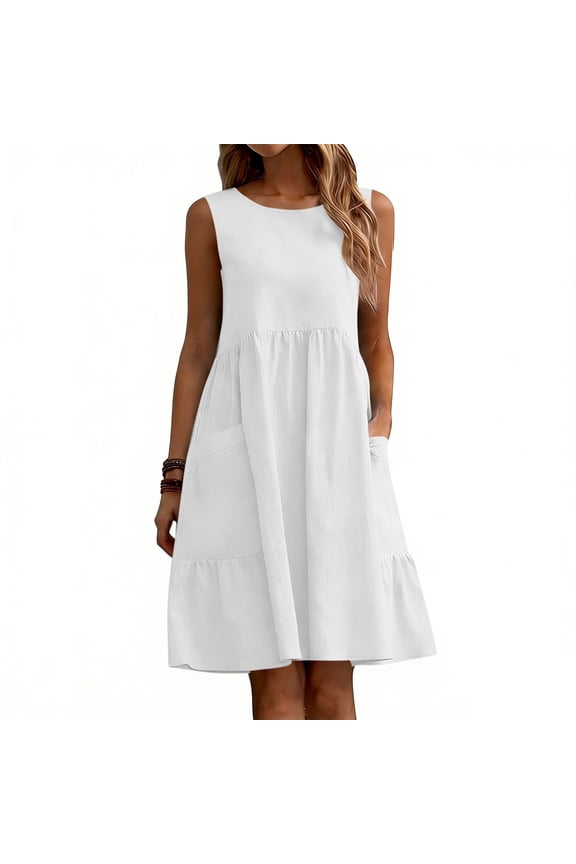 Summer Short Dresses for Women Sleeveless A-Line Tank Dress Solid Color Cotton Linen Beach Sundress with Pockets White L