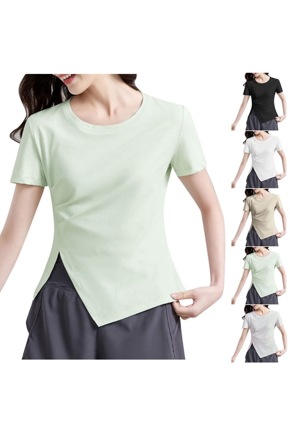 Htigea Summer Women Casual Short Sleeve Tops T-Shirts Tees with Side Split Green,2XL