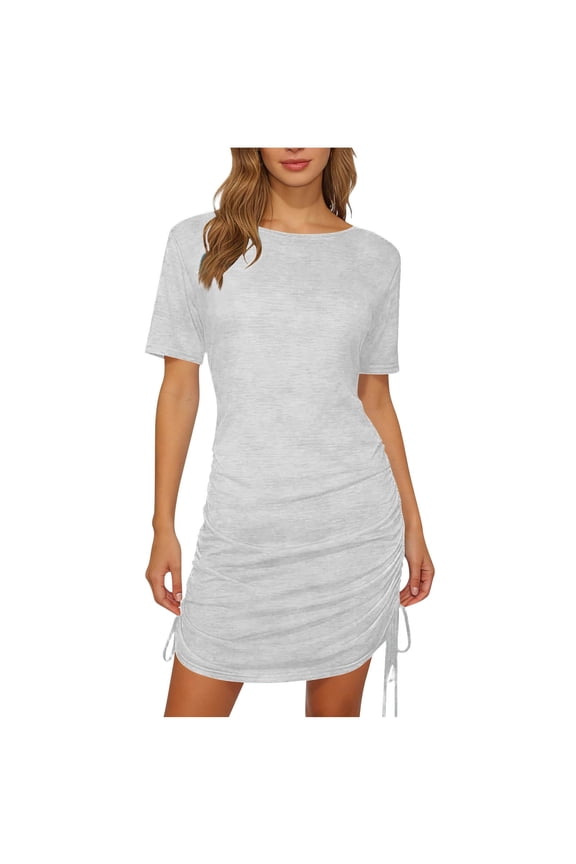 Summer Women's Short Sleeve T-Shirt Dress Side Drawstring Ruched Bodycon Mini Dresses Party Clubwear Gray XXL