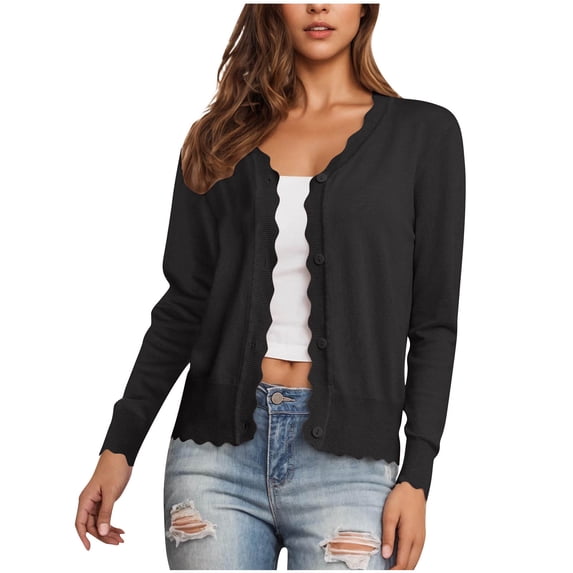Htigea Sweater Cardigans for Women Knit V-Neck Wave Edge Long Sleeve Lightweight Fall Cropped Tops Black (Ladies Cardigans S-2XL)