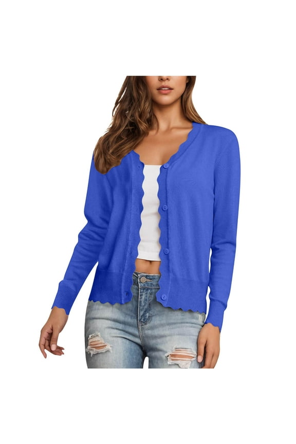 Sweater Cardigans for Women Knit V-Neck Wave Edge Long Sleeve Lightweight Fall Cropped Tops Blue (Ladies Cardigans S-2XL)