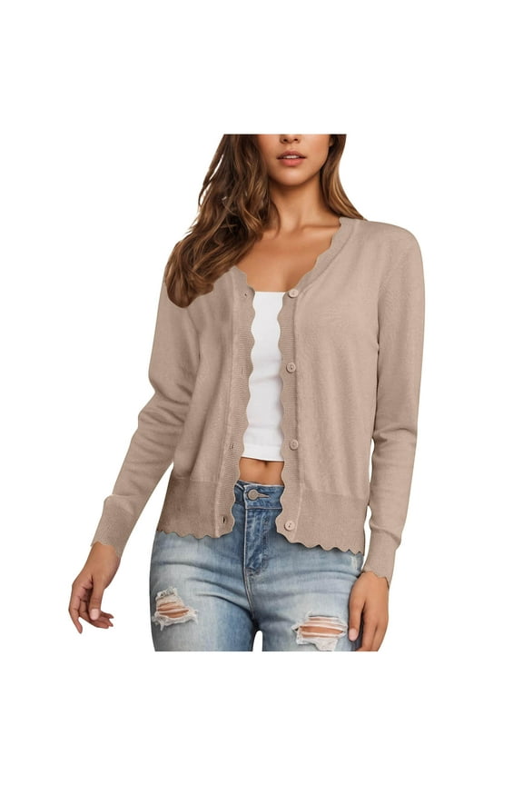 Sweater Cardigans for Women Knit V-Neck Wave Edge Long Sleeve Lightweight Fall Cropped Tops Khaki (Ladies Cardigans S-2XL)