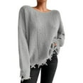 thumbnail image 1 of Htigea Sweaters for Women Distressed Frayed Hem Tops Casual Crew Neck Long Sleeve Loose Fit Pullover Sweater Gray S, 1 of 7