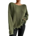thumbnail image 1 of Htigea Sweaters for Women Distressed Frayed Hem Tops Casual Crew Neck Long Sleeve Loose Fit Pullover Sweater Green L, 1 of 7