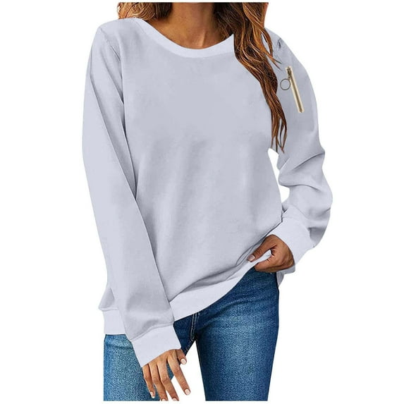 Htigea Sweatshirt for Women Solid Color Crewneck Long Sleeve Casual Loose Pullover Tops Lightweight Thin Fleece Sweatshirt Gray L