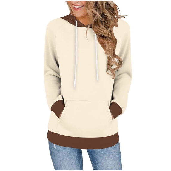 Htigea Sweatshirts for Women Patchwork Long Sleeve Hoodies Lightweight Fall Sweatshirt Loose Fit Pullover Tops with Pocket Beige S