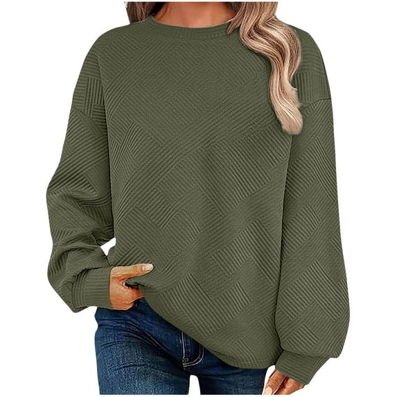 Htigea Sweatshirts for Women Textured Long Sleeve Crewneck Sweatshirt Solid Color Drop Shoulder Pullover Tops Army Green S