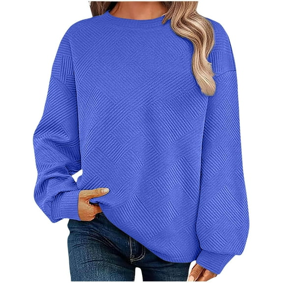 Htigea Sweatshirts for Women Textured Long Sleeve Crewneck Sweatshirt Solid Color Drop Shoulder Pullover Tops Blue XL