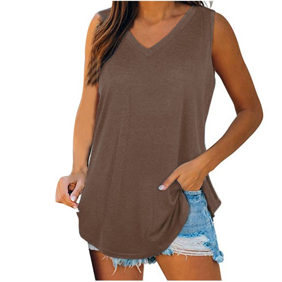 Htigea Tank Tops for Women Flowy Deep V Neck Tanks Womens Shirts Loose Fit Summer Sleeveless Top Soft Cozy Lounge Undershirt Brown,L