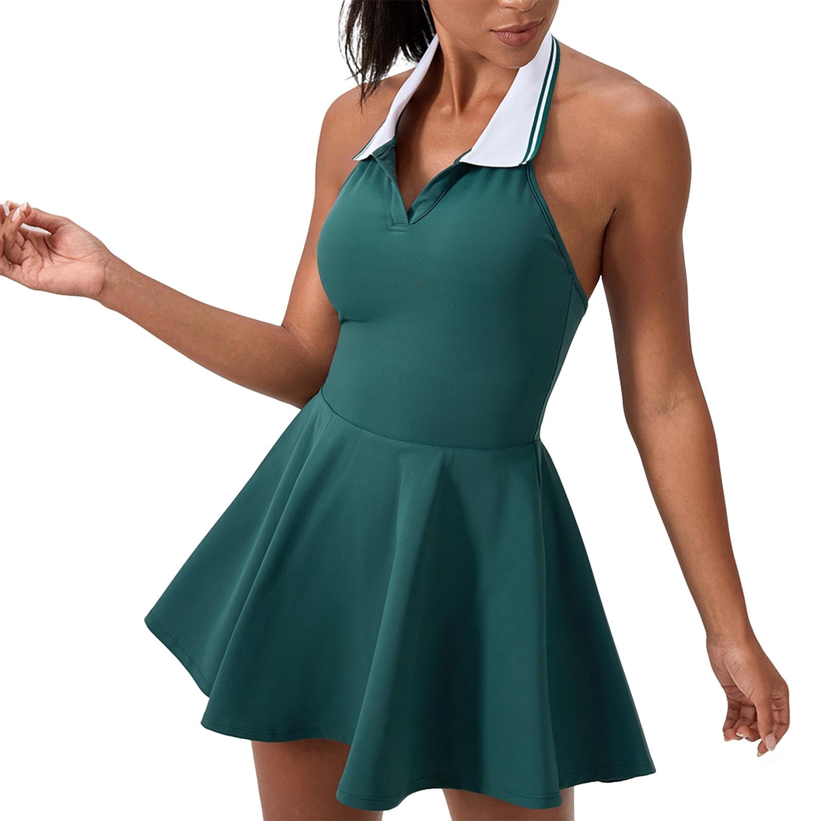 Htigea Tennis Dress for Women Backless Halter Athletic Dress Summer Collared Golf Workout Mini Dresses Green M