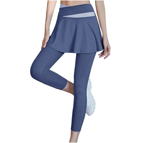 Htigea Tennis Skirted Leggings for Women Trendy Crossover Waist Yoga Pants Butt Lifting Workout Athletic Pant Slim Fit 2 in 1 Legging Activewear Blue锛孲