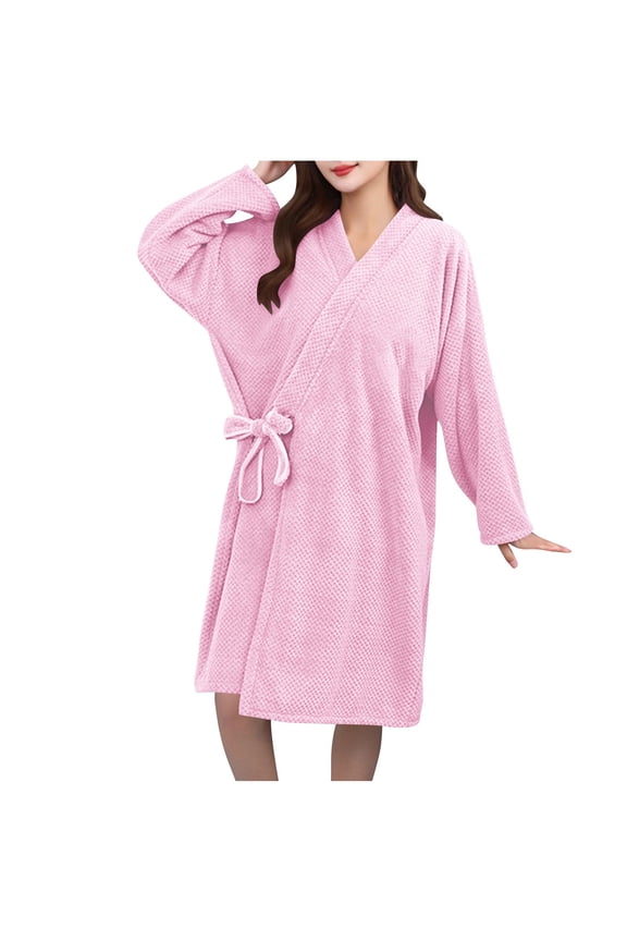 Terry Cloth Bathrobe for Women Long Sleeve Lace-Up Shower Wrap Towel Quick Dry Absorbent Robes Pink,Free Size