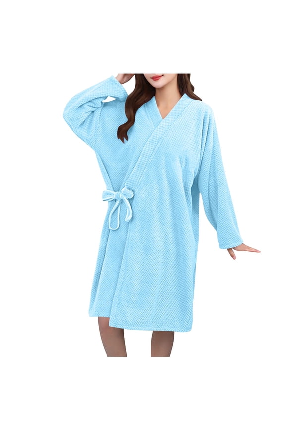 Terry Cloth Bathrobe for Women Long Sleeve Lace-Up Shower Wrap Towel Quick Dry Absorbent Robes Sky Blue,Free Size