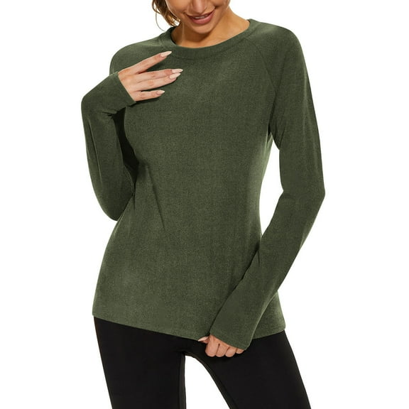 Htigea Thermal Shirts for Women Soft Cozy Base Layer Solid Crewneck Long Sleeve Tops Fall Winter Underwear Army Green S