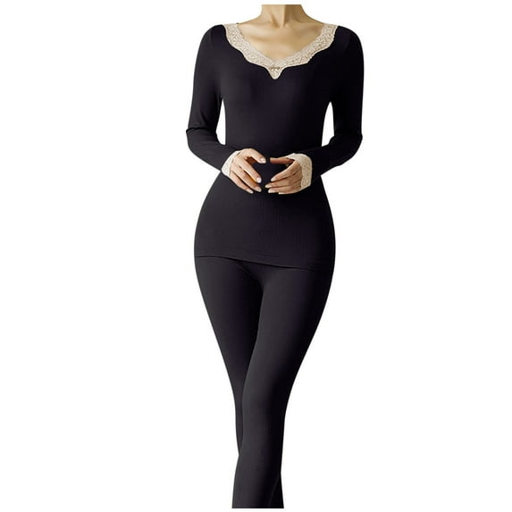 Htigea Thermal Underwear Women's Lace Splice V Neck Long Sleeve Tops and Slim Fit Bottoms Long Johns Solid Color Base Layer Sets Black Free Size
