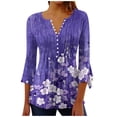 thumbnail image 1 of Htigea Trendy 3/4 Sleeve T Shirts for Women Floral Printed Buttons Pleated Casual Tunic Top Blouse Loose Pullover Tees Purple,S, 1 of 5