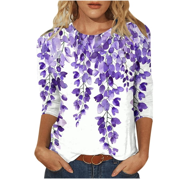 Htigea Trendy Printed Tshirts for Women Crewneck 3/4 Sleeve Tops Basic Pullover Tee Cozy Daily Vacation T Shirts Purple,3XL