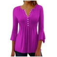 thumbnail image 1 of Htigea Tunic Tops for Women Flowy Flare 3/4 Sleeve Dressy Casual Pleated V Neck Shirts Button Down Henley Shirts Hot Pink,M, 1 of 5