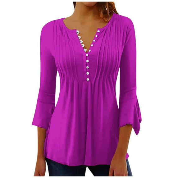Htigea Tunic Tops for Women Flowy Flare 3/4 Sleeve Dressy Casual Pleated V Neck Shirts Button Down Henley Shirts Hot Pink,M