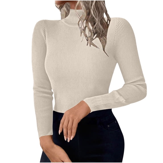 Htigea Turtleneck Sweater for Women Ribbed Long Sleeve Stretch Base Layer Top Slim Fit Knitted Pullover to Wear with Coat Beige XL