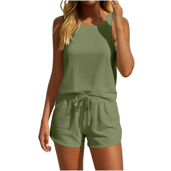 Htigea Two Piece Sets for Women Summer Sleeveless Tank Top and Drawstring Elastic Waist Shorts Loungewear Outfits Army Green L