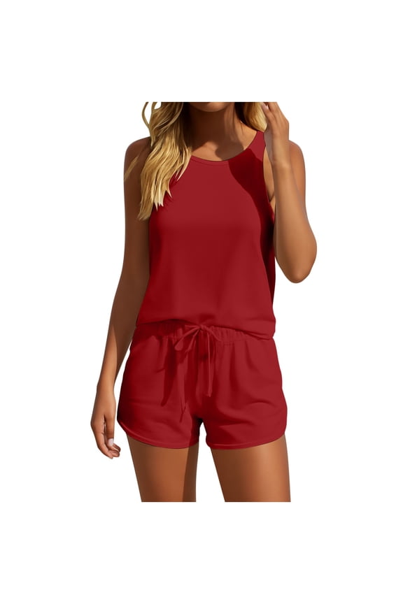 Two Piece Sets for Women Summer Sleeveless Tank Top and Drawstring Elastic Waist Shorts Loungewear Outfits Red XL
