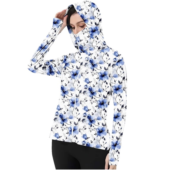 Htigea UPF 50+ Sun Shirts for Women Long Sleeve Hood Cooling Hoodies with Face Mask Outdoor UV Protection Tops with Mask D Multicolor XL