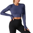 thumbnail image 1 of Htigea UPF 50+ Womens Long Sleeve Workout Shirt Slim Fit Crop Tops Rash Guard Sun Protection Yoga Shirts with Thumb Holes Navy M, 1 of 3