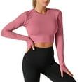 thumbnail image 1 of Htigea UPF 50+ Womens Long Sleeve Workout Shirt Slim Fit Crop Tops Rash Guard Sun Protection Yoga Shirts with Thumb Holes Pink M, 1 of 3