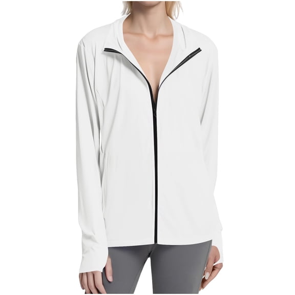 Htigea UV Protection Clothing Womens Sun Jackets Full Zip Long Sleeve Hoodies UPF 50+ Rash Guard Shirts Thumb Holes Running Hiking Athletic Tops with Pockets White,XL