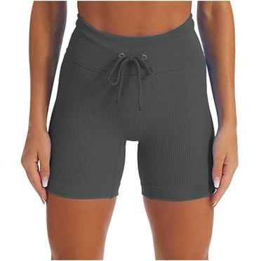 Htigea Under $10 Womens Drawstring Yoga Shorts High Waisted Tummy Control Workout Leggings Casual Knit Ribbed Short Pants Dark Gray S
