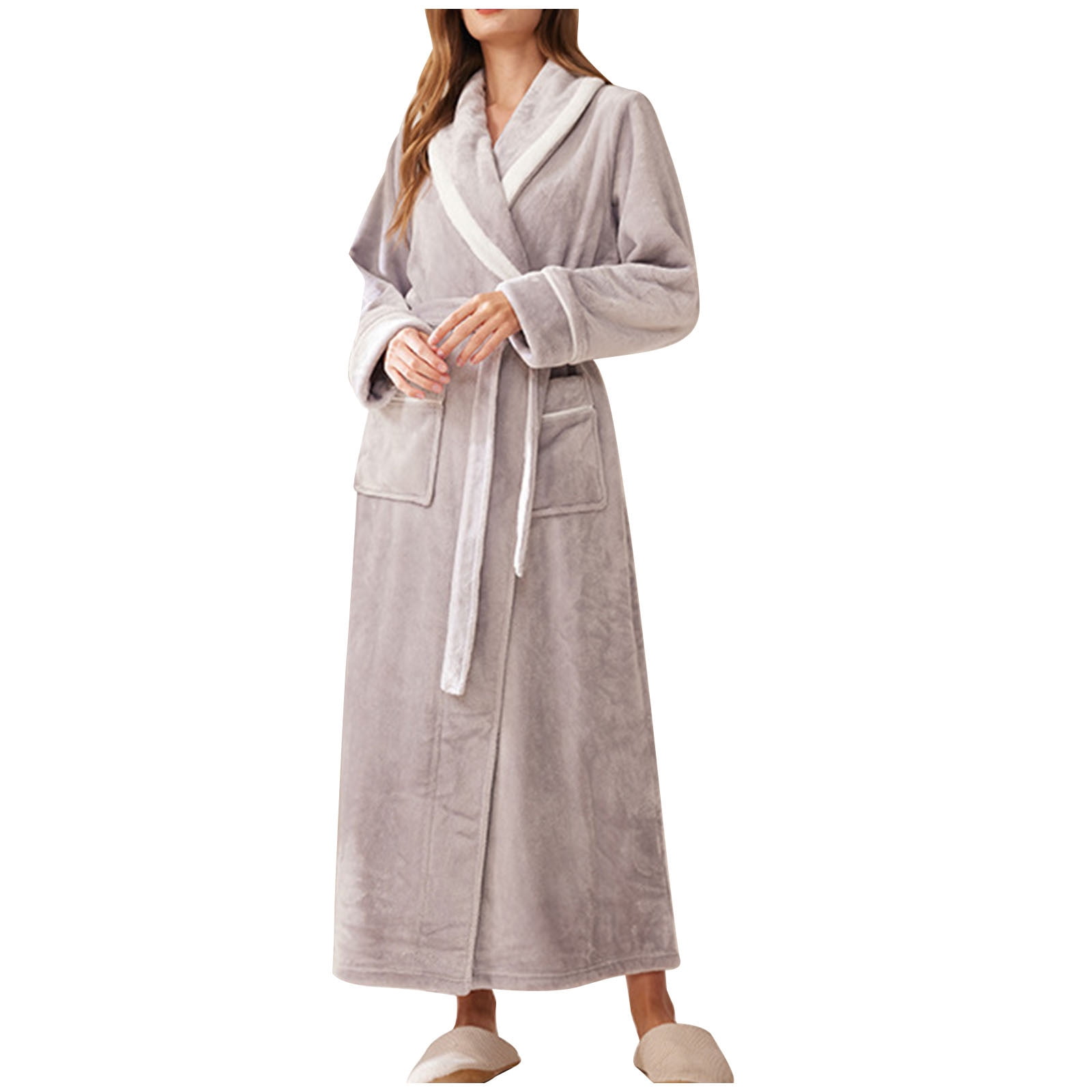 Htigea Unisex Plush Robe Soft Fuzzy Flannel Long Sleeve Bathrobe Womens Mens Loungewear Cozy Shower Spa Dressing Gown with Pockets Gray,M, Adult