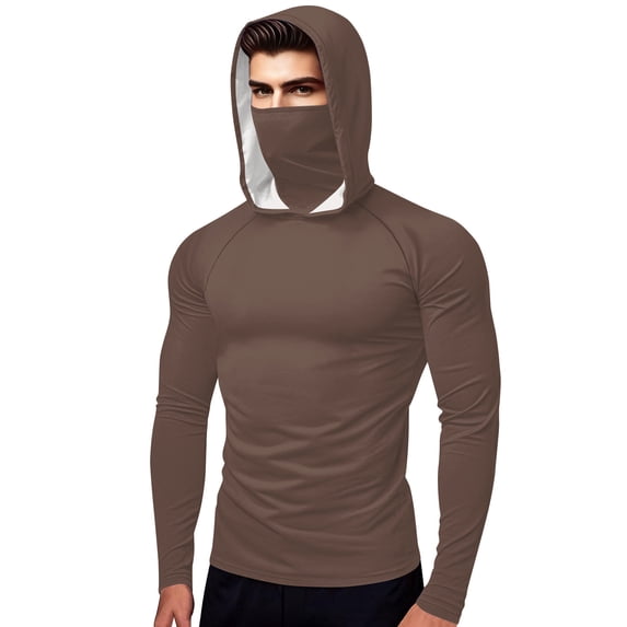 Htigea Unisex Sun Protection Shirts Long Sleeve UPF 50+ Hoodies Rash Guard Outdoor Hiking Swimming Fishing Tops with Mask Brown XL