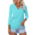 thumbnail image 1 of Htigea V Neck 3/4 Sleeve Shirt for Women Plain Summer Tees Casual Loose Top Lightweight Daily Wear Sky Blue,M, 1 of 5