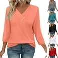 thumbnail image 1 of Htigea V Neck Blouses for Women Dressy Casaul 3/4 Length Sleeve Womens Tops Button Down Shirts Black,S, 1 of 7