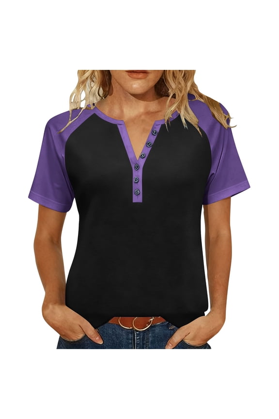 V-Neck Henley Shirts for Women Color Block Raglan Short Sleeve T-Shirts Plus Size Tunic Tops Baseball Tee Summer Tshirt Purple XXXL
