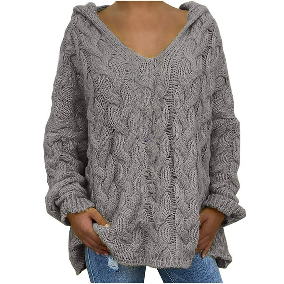 Htigea V-Neck Hooded Sweaters for Women Oversized Cable Knit Long Sleeve Hoodies Ladies Casual Loose Fit Pullover Tops Gray L