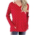thumbnail image 1 of Htigea V-Neck Long Sleeve Tops for Women Cute Print Tunic Shirts Casual Loose Fit Pullover Side Pockets Tshirt Red S, 1 of 5