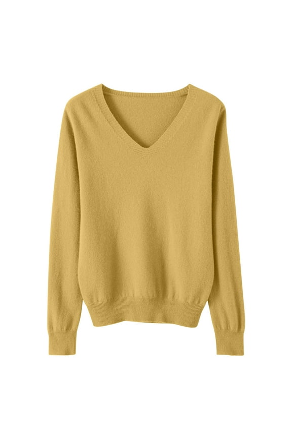 V-Neck Sweater for Women Casual Knit Long Sleeve Jumpers Solid Fall Winter Base Layer Tops Soft Cozy Pullover Sweaters Yellow L