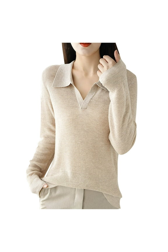 V Neck Sweater for Women Knitted Long Sleeve Lapel Pullover Dressy Work Jumpers Soft Cozy Knitwear Tops Beige M
