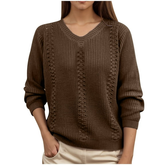 Htigea V Neck Sweaters for Women Solid Knit Long Sleeve Casual Loose Fit Jumper Fall Pullover Tops Coffee M