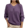 thumbnail image 1 of Htigea V Neck Sweaters for Women Solid Knit Long Sleeve Casual Loose Fit Jumper Fall Pullover Tops Purple XL, 1 of 3