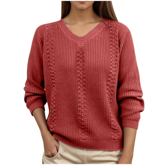 Htigea V Neck Sweaters for Women Solid Knit Long Sleeve Casual Loose Fit Jumper Fall Pullover Tops Red S