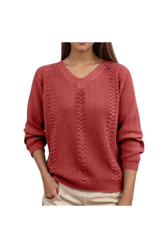 V Neck Sweaters for Women Solid Knit Long Sleeve Casual Loose Fit Jumper Fall Pullover Tops Red S