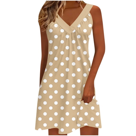 Htigea V-Neck Tank Dress for Women Sleeveless Polka Dot Short Mini Dresses Summer Boho Casual Beach Vacation Sundresses Khaki L