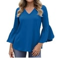thumbnail image 1 of Htigea V-Neck Tops for Women Ruffle 3/4 Sleeve Shirt Casual Loose Pullover Dressy Business Blouses Blue L, 1 of 7
