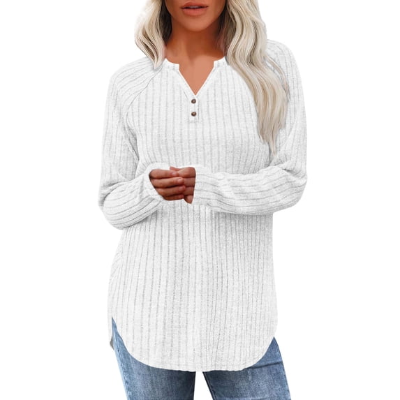 Htigea V-Neck Tshirt for Women Ribbed Long Sleeve Pullover Casual Loose Fit Shirts Trendy Curved Hem Tunic Tops White XXL